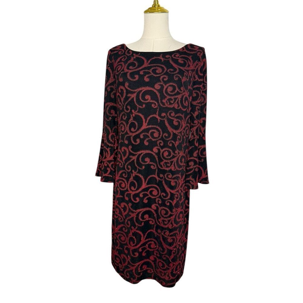 Jessica Howard Women’s 10 Evening Midi‎ Dress Red Black Sparkle Holiday Party